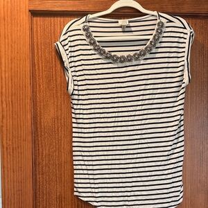 Cupio Black and White Striped Tee with Embellished Neckline